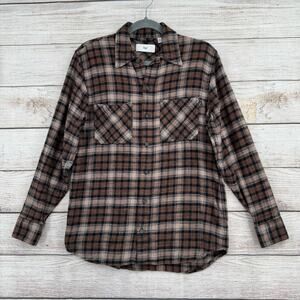 Tna Aritzia Flannel Button Down Shirt Mens 2XS Brown Beige Black Long Sleeve